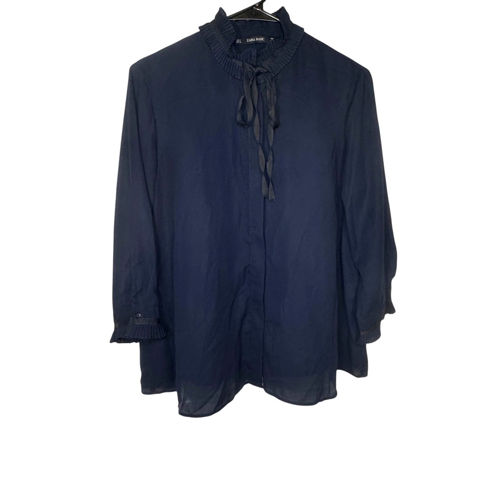 Zara Navy Blue Blouse Womens M Pleated Tie Neck Top Ruffle Cuff Professional‎